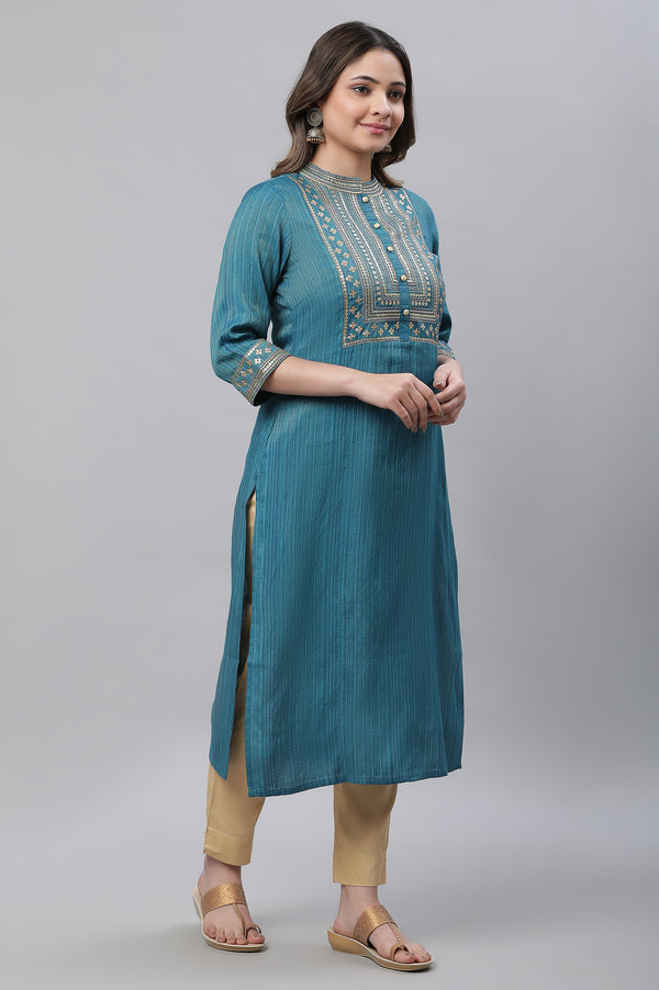 Blue Striped Embroidered Sequin Straight Lurex Kurta