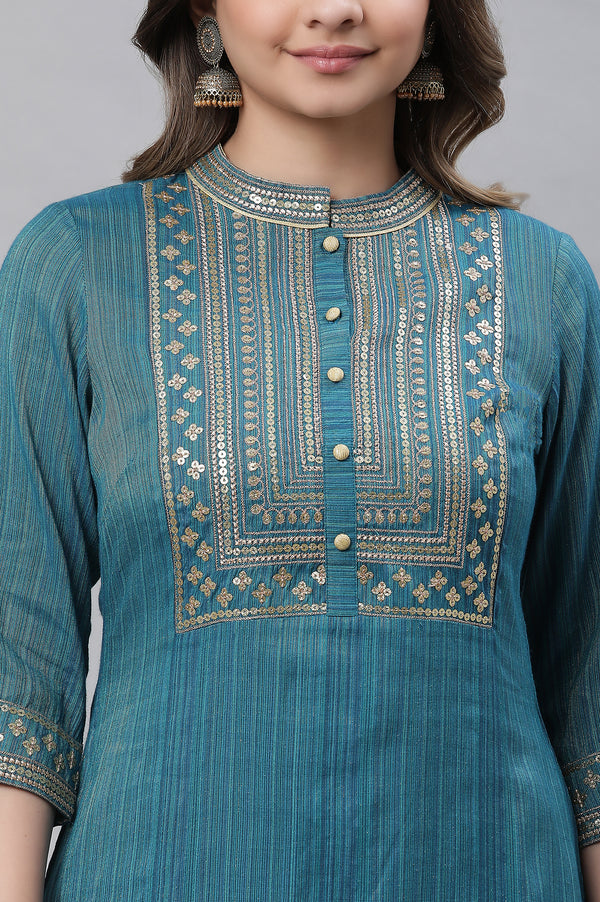Blue Striped Embroidered Sequin Straight Lurex Kurta
