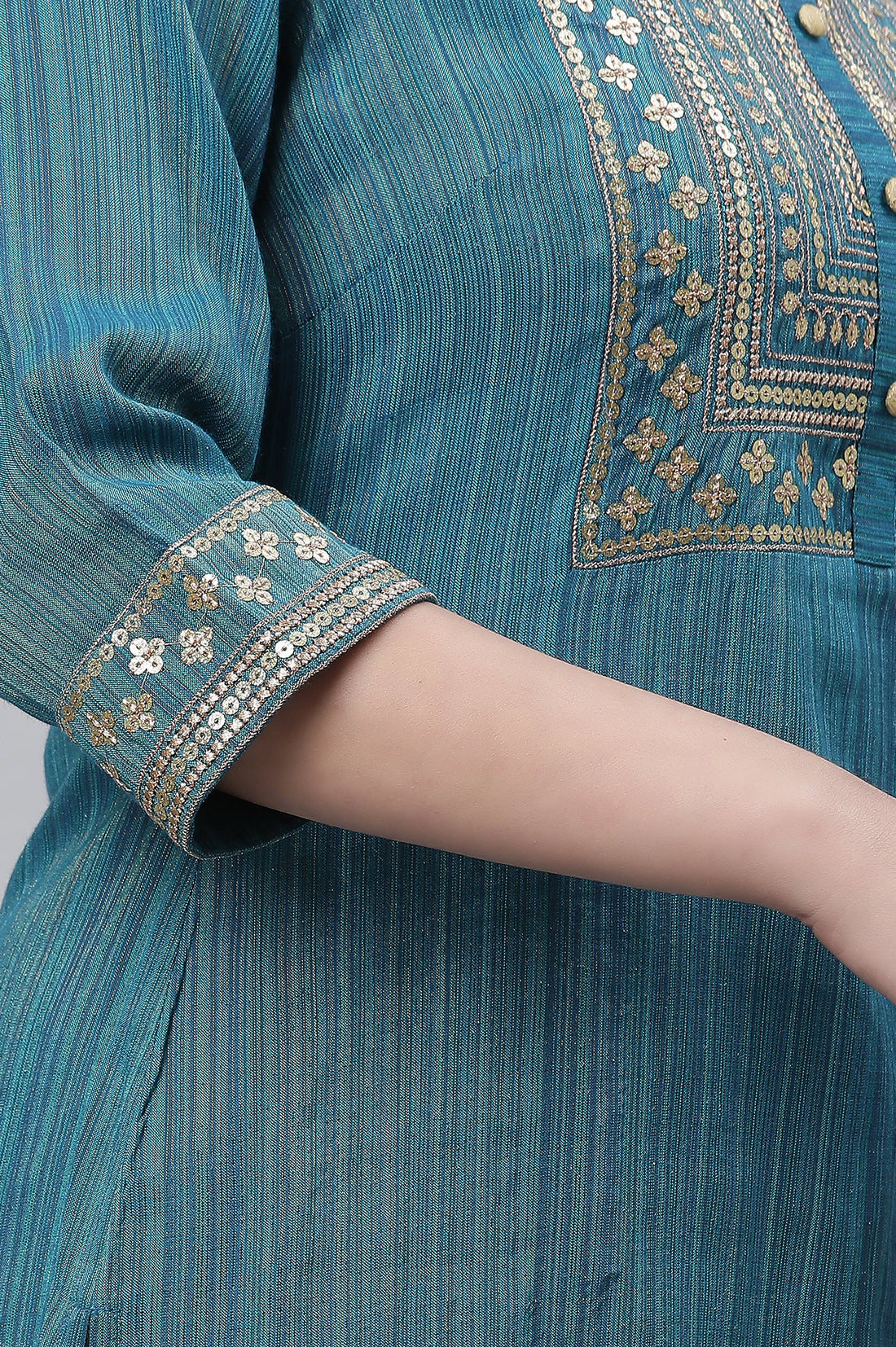 Blue Striped Embroidered Sequin Straight Lurex Kurta