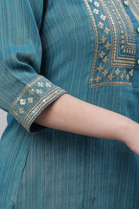 Blue Striped Embroidered Sequin Straight Lurex Kurta