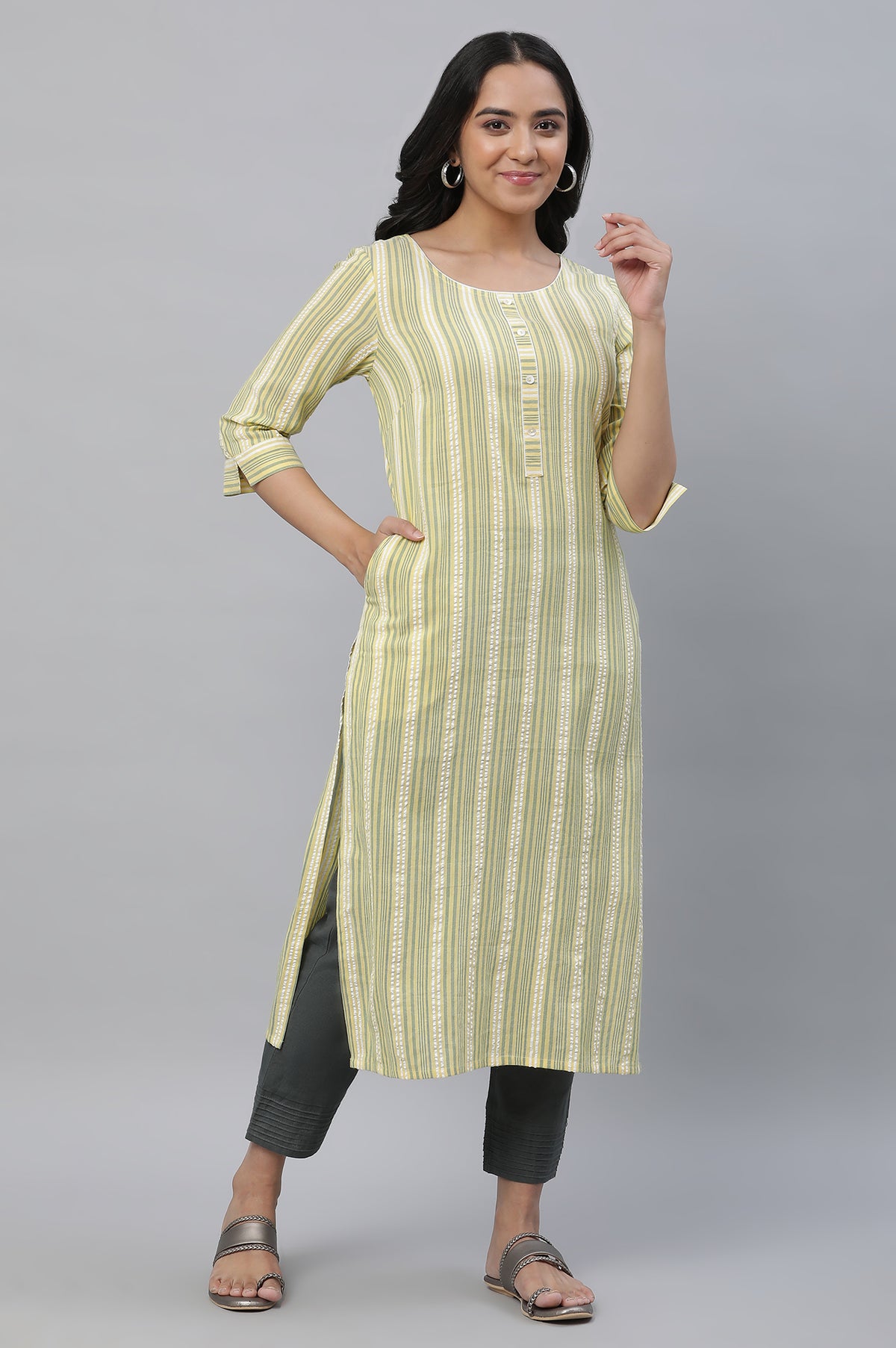 Yellow Stripe Printed Textured Cotton Kurta - XS