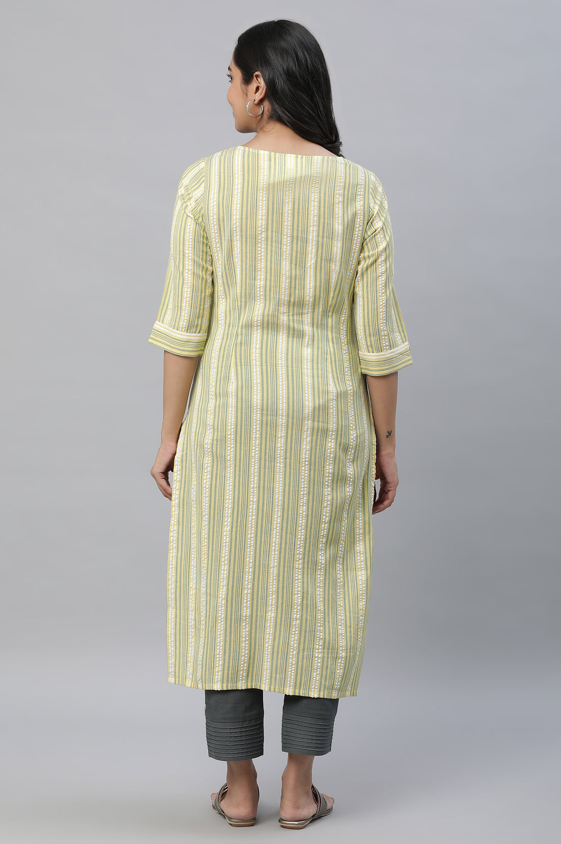 Yellow Stripe Printed Textured Cotton Kurta