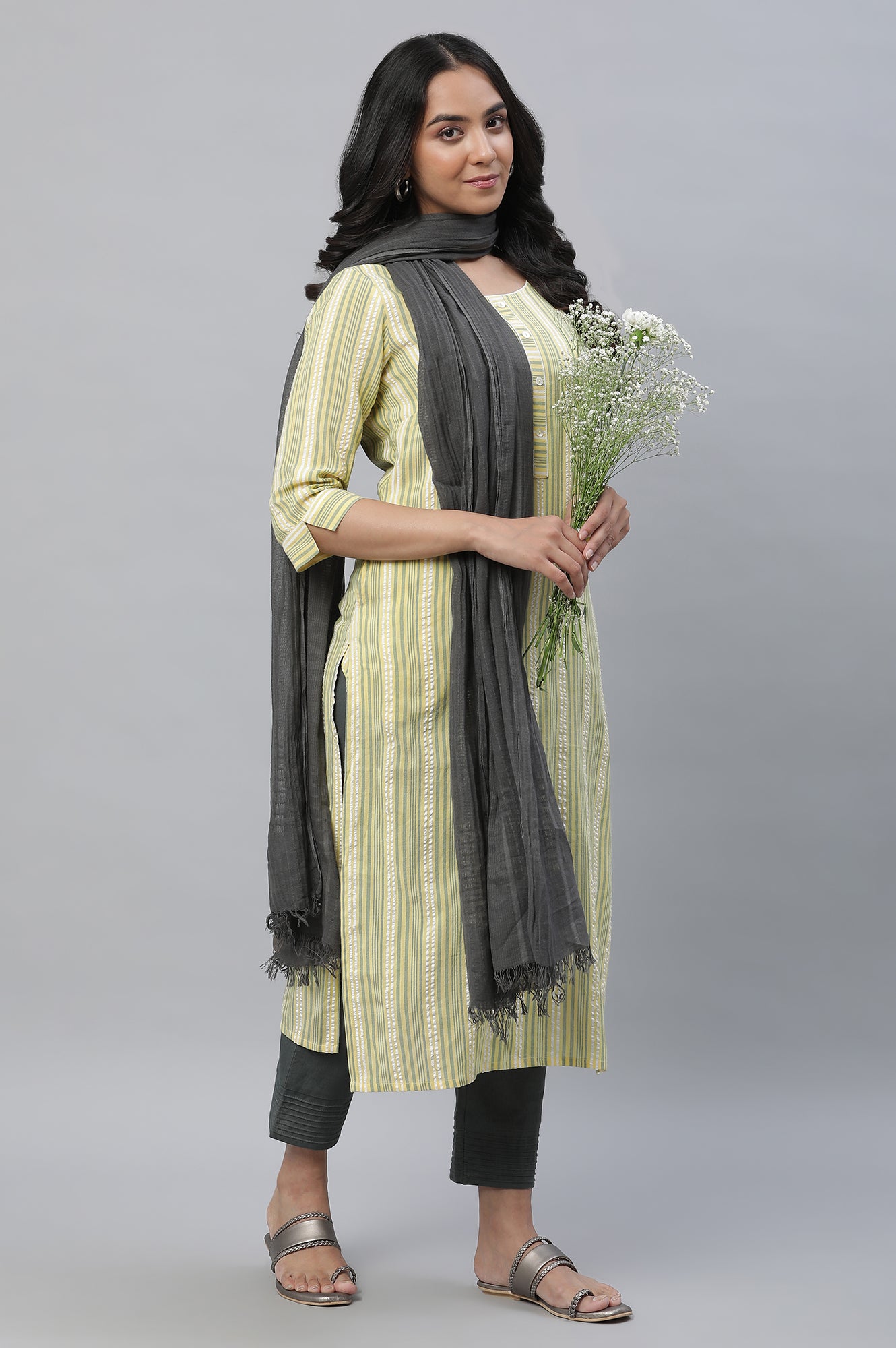 Yellow Stripe Printed Seer Sucker Kurta