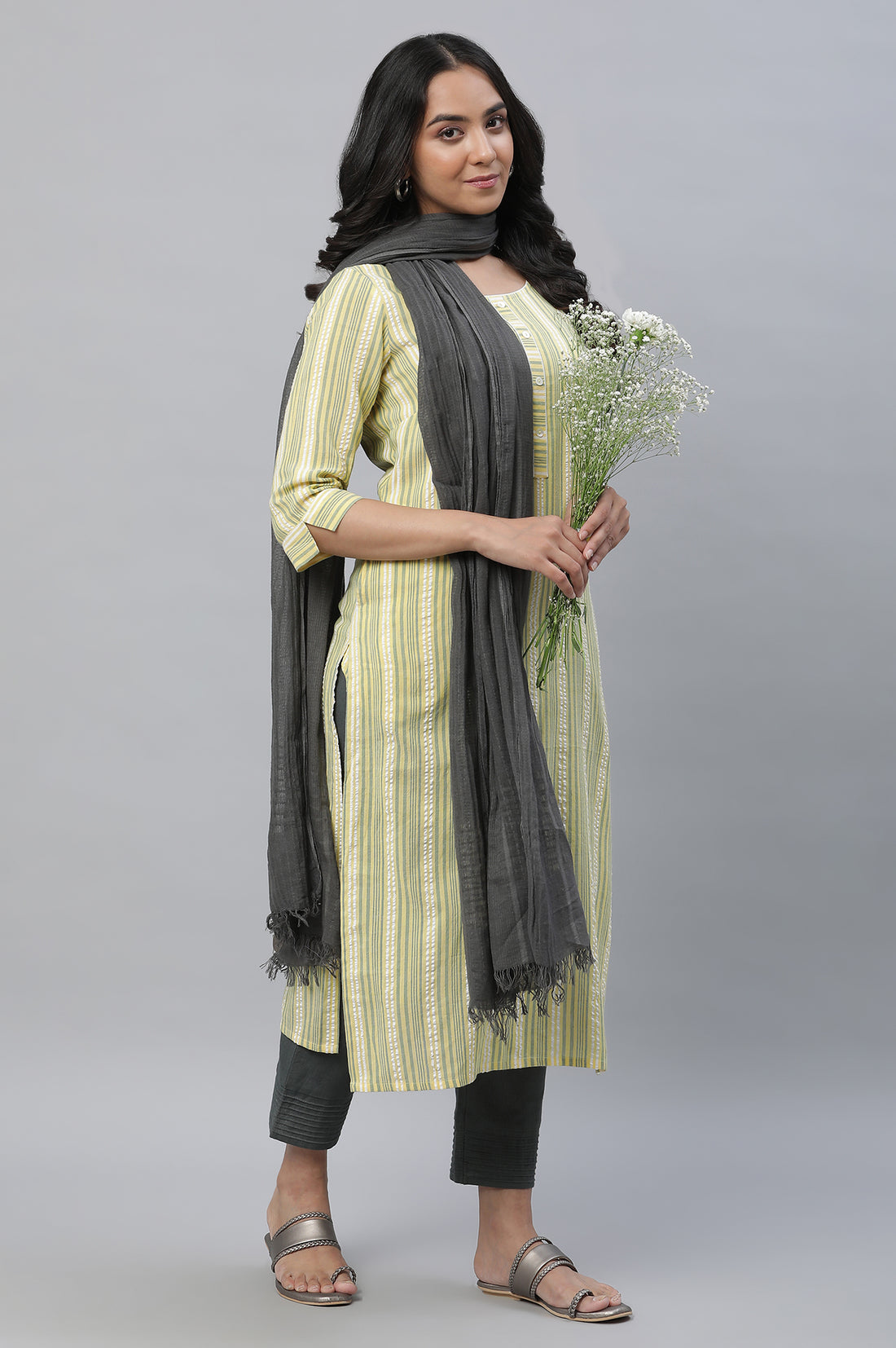 Yellow Stripe Printed Textured Cotton Kurta