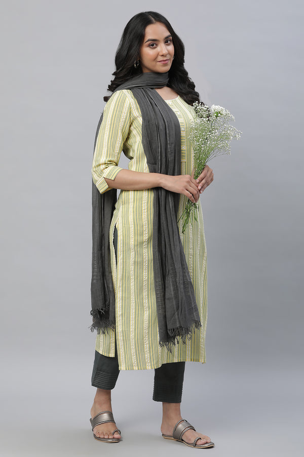 Yellow Stripe Printed Textured Cotton Kurta