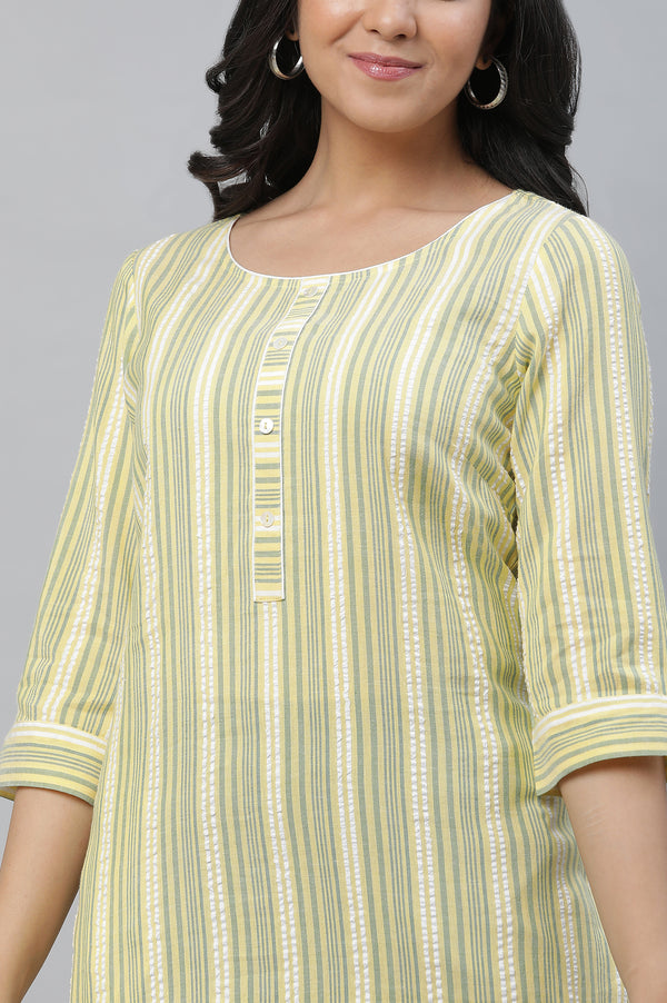 Yellow Stripe Printed Textured Cotton Kurta