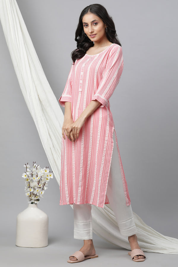 Peach Textured Cotton Stripe Print Kurta