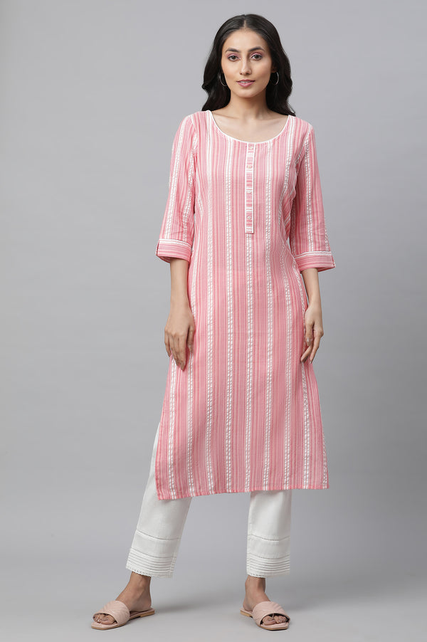Peach Textured Cotton Stripe Print Kurta