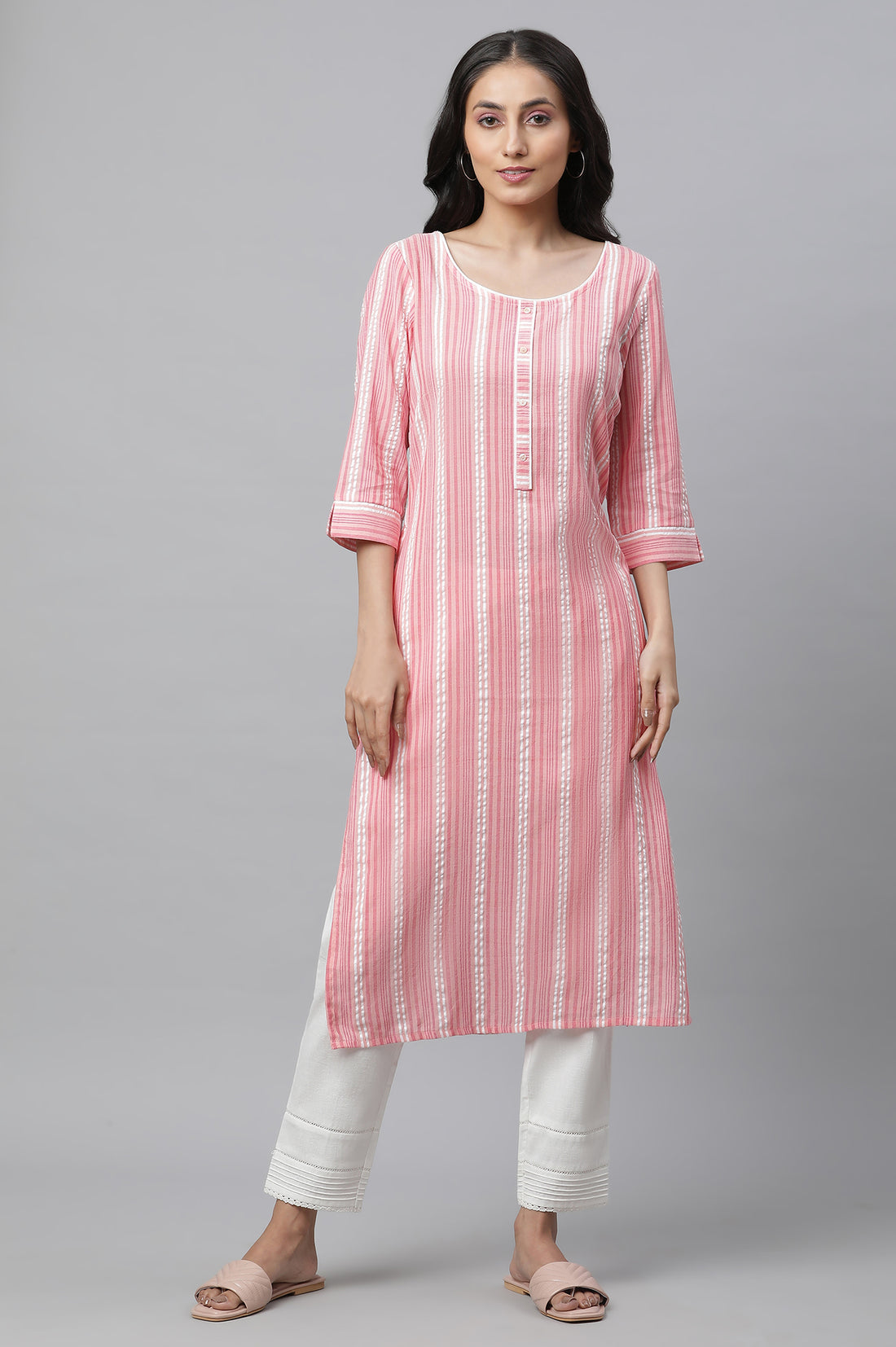 Peach Textured Cotton Stripe Print Kurta