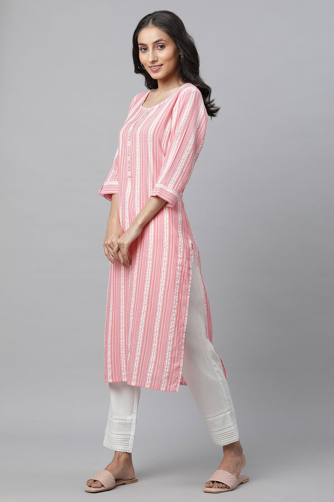 Peach Textured Cotton Stripe Print Kurta