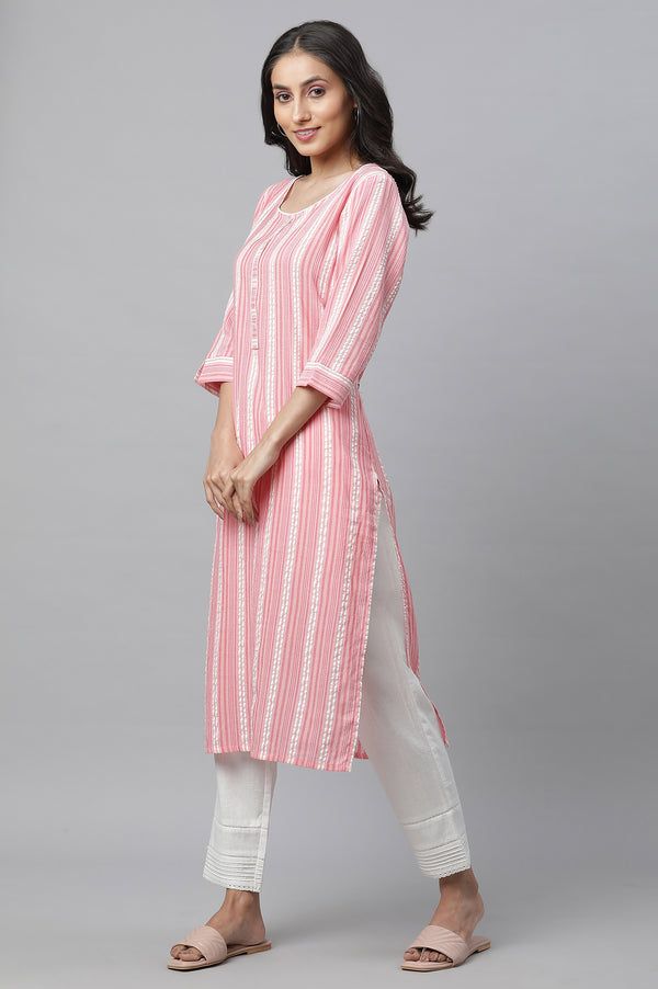 Peach Textured Cotton Stripe Print Kurta