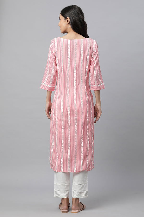 Peach Textured Cotton Stripe Print Kurta