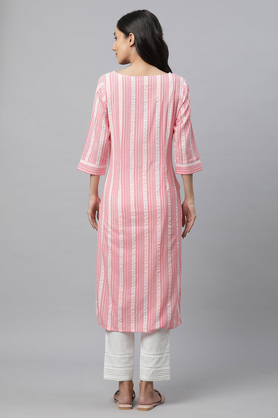 Peach Textured Cotton Stripe Print Kurta