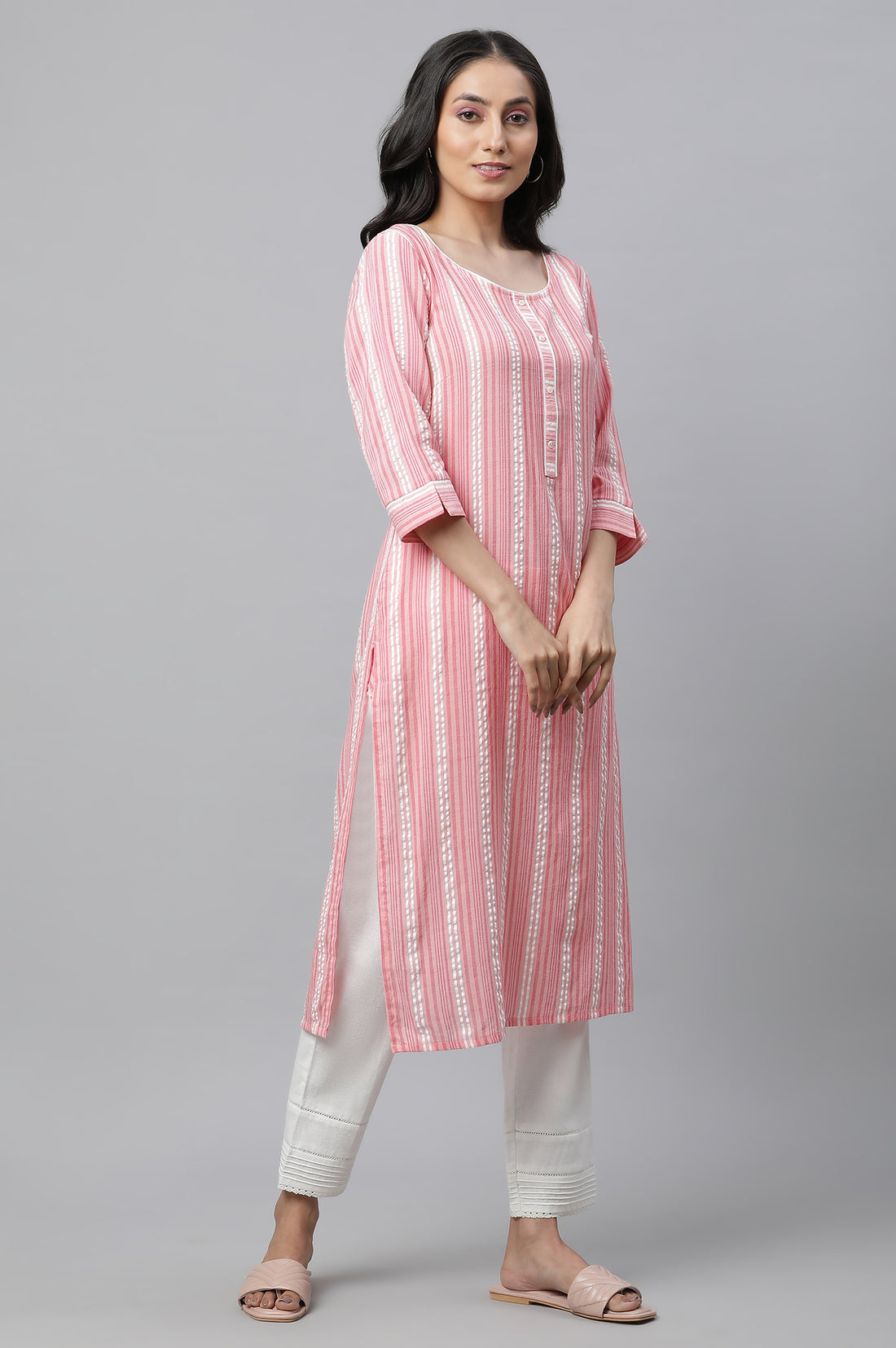 Peach Textured Cotton Stripe Print Kurta