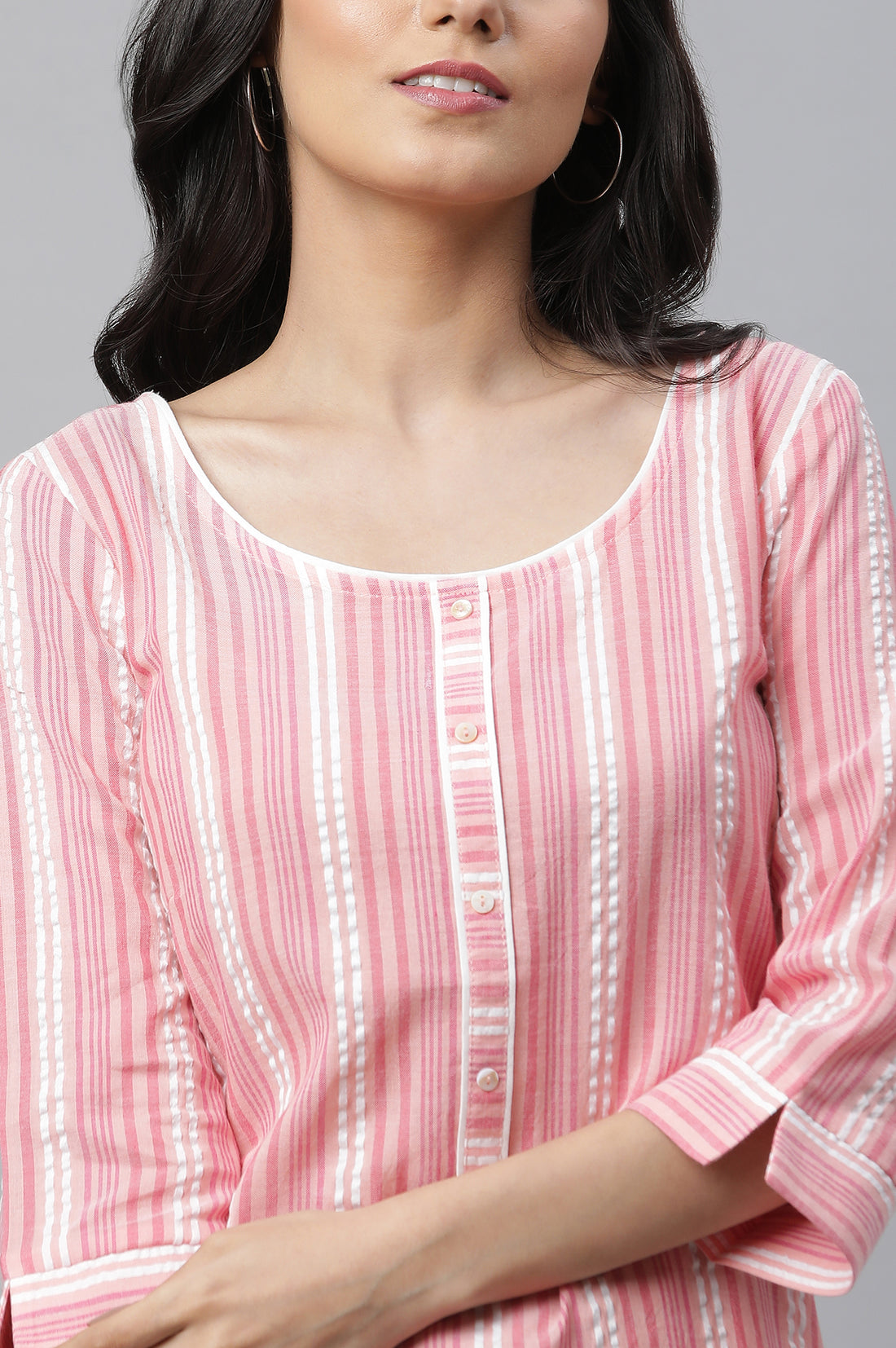 Peach Textured Cotton Stripe Print Kurta