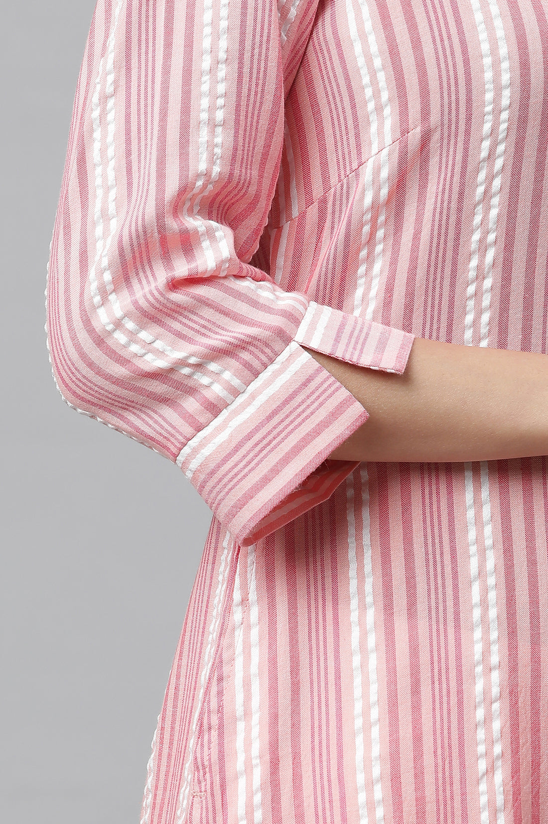 Peach Textured Cotton Stripe Print Kurta