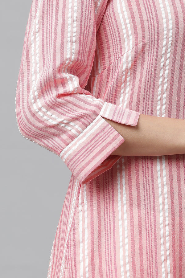 Peach Textured Cotton Stripe Print Kurta