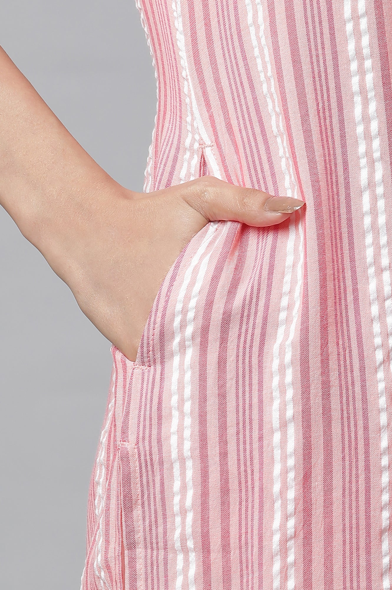 Peach Seer Sucker Stripe Print Kurta