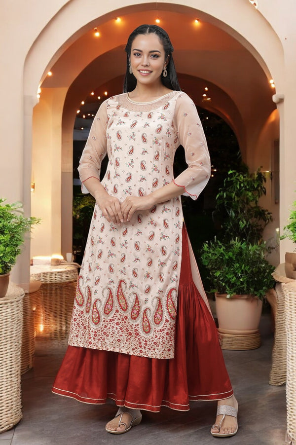 Peach Printed Cotton Straight Festive Kurta