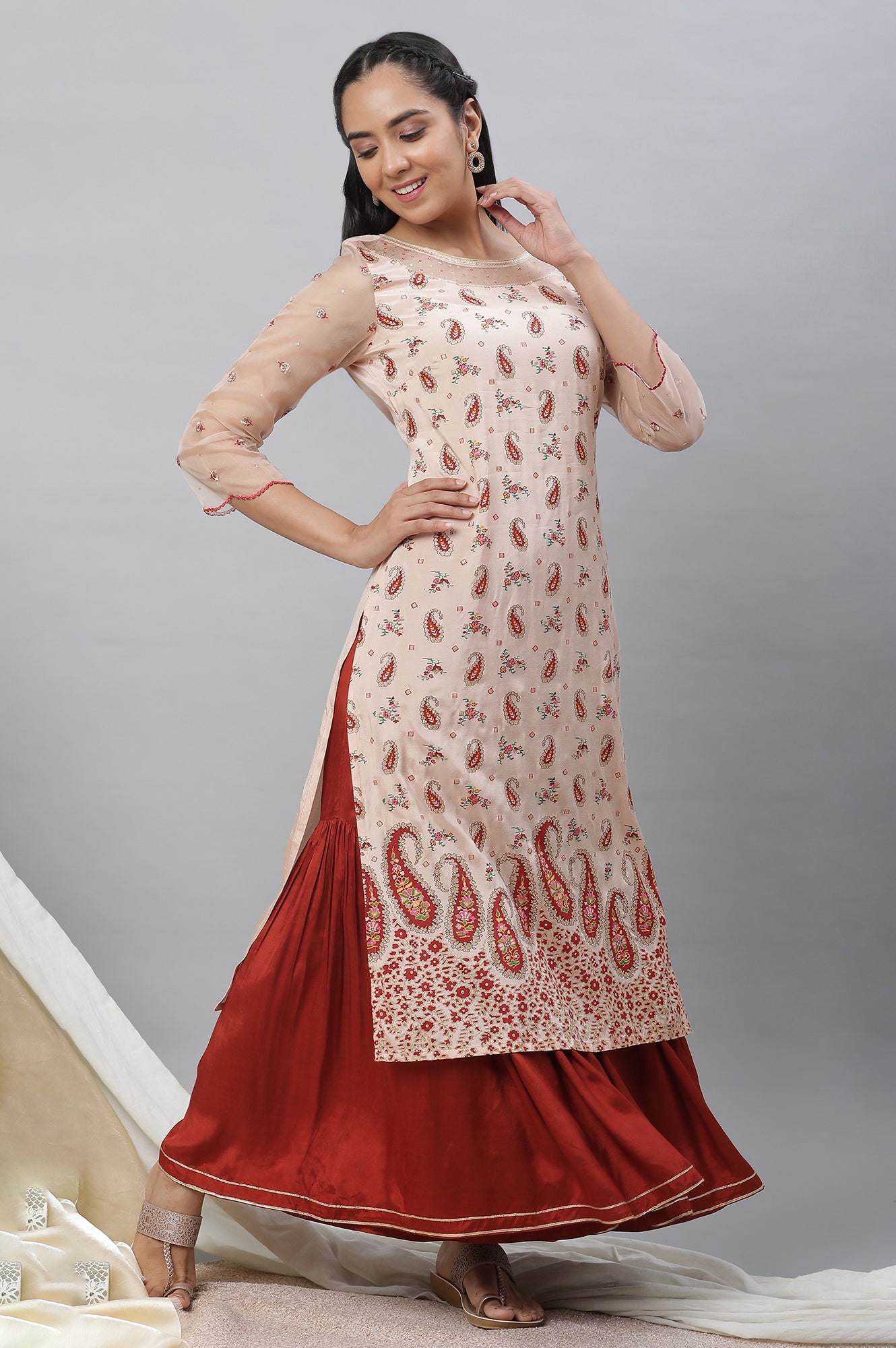 Peach Paisley Print Sequined Straight Organza Kurta