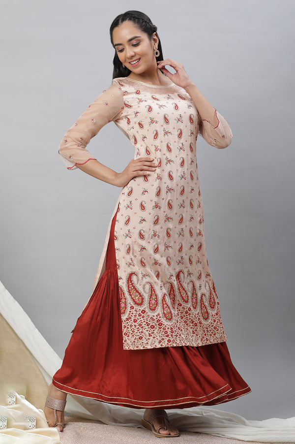 Peach Paisley Print Sequined Straight Organza Kurta