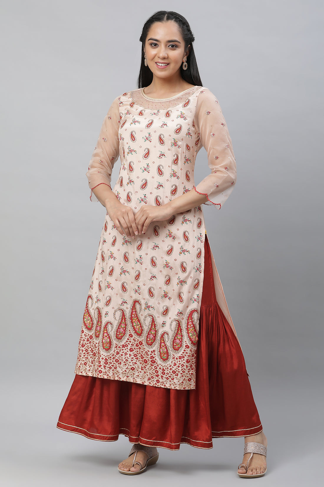 Peach Paisley Print Sequined Straight Organza Kurta