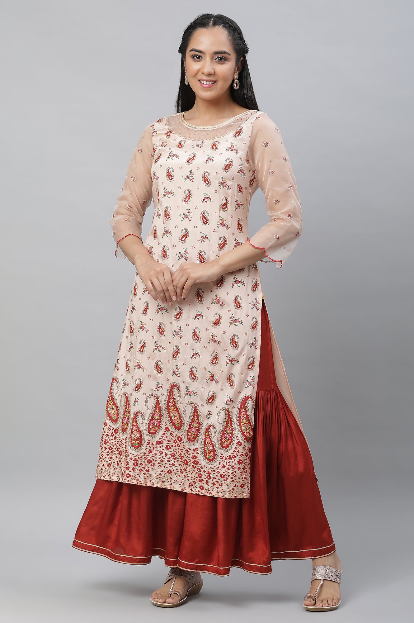 Peach Paisley Print Sequined Straight Organza Kurta