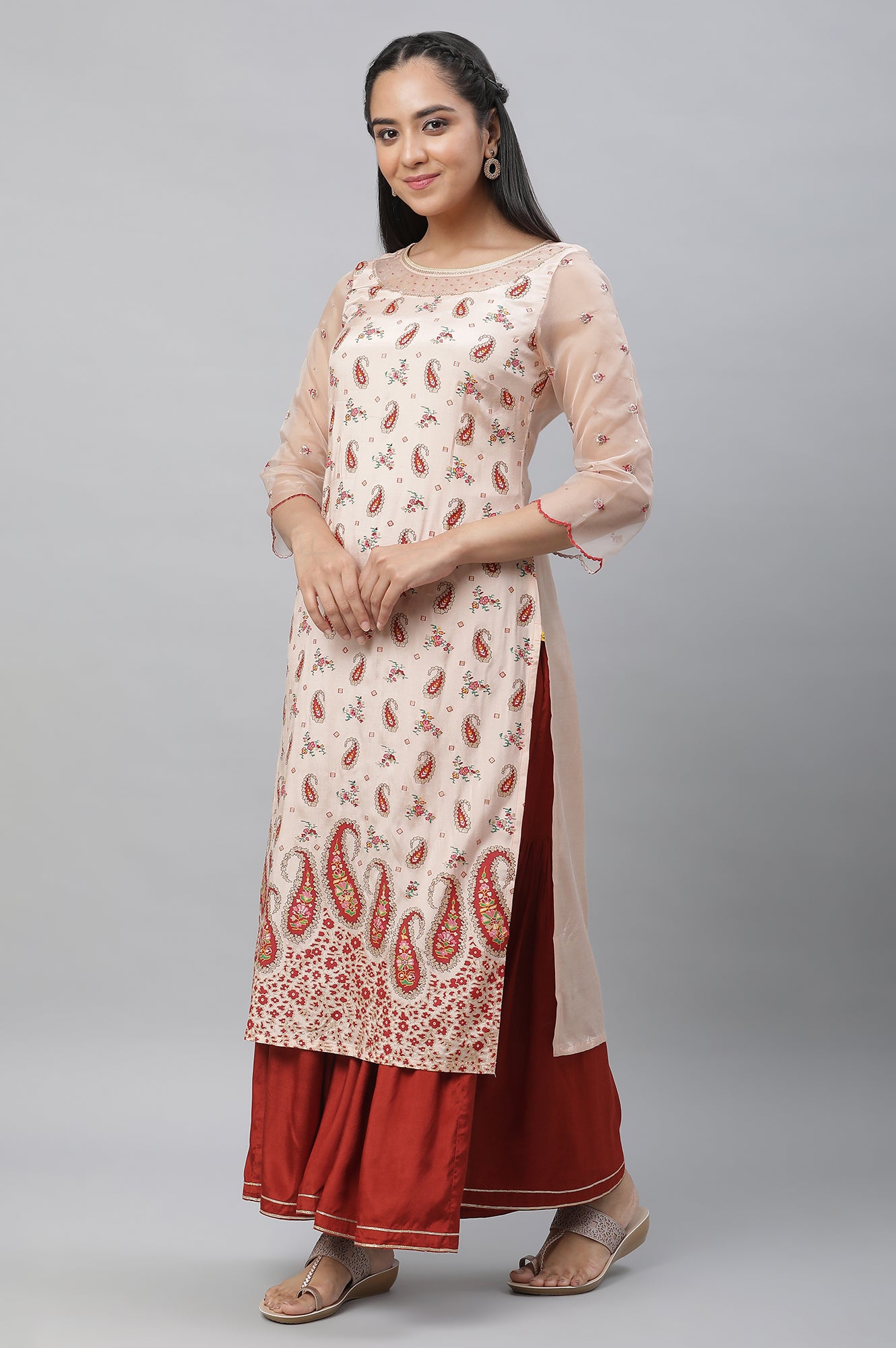 Peach Printed Festive Kurta