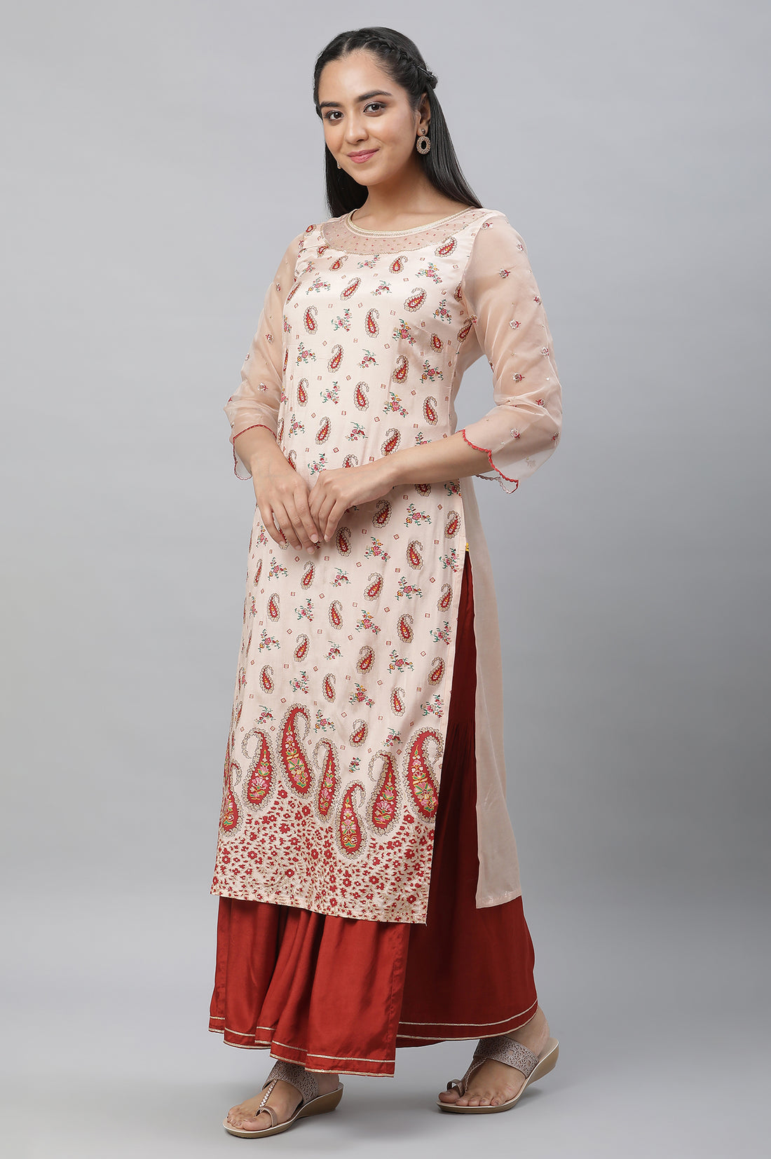 Peach Paisley Print Sequined Straight Organza Kurta