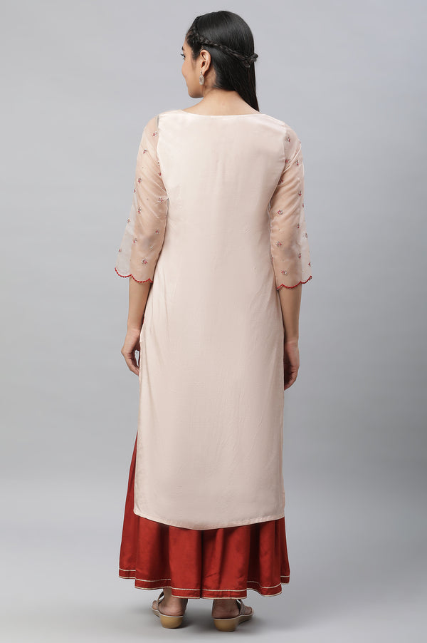Peach Paisley Print Sequined Straight Organza Kurta