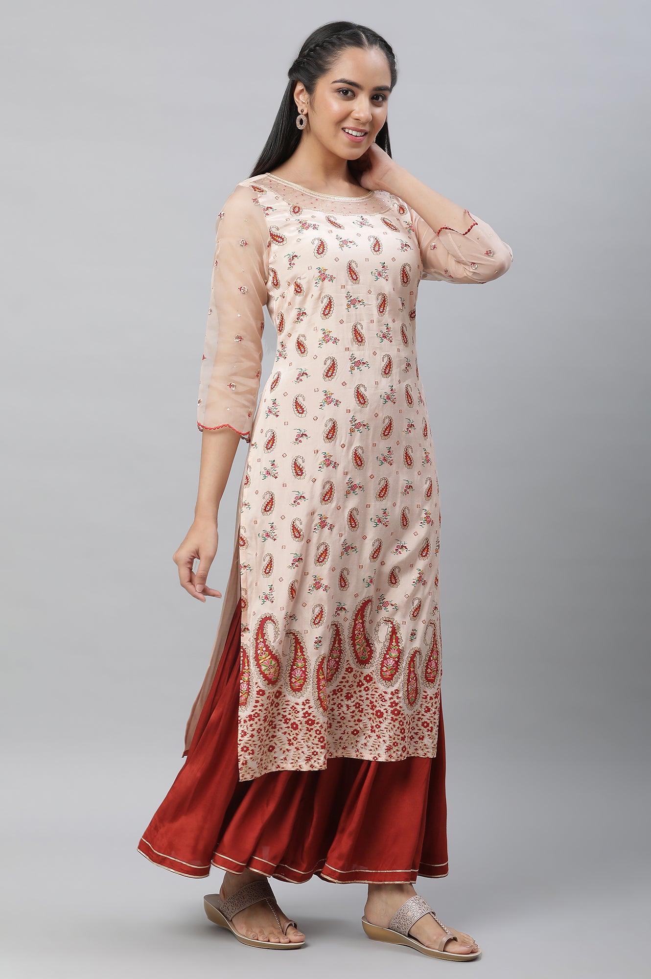 Peach Paisley Print Sequined Straight Organza Kurta
