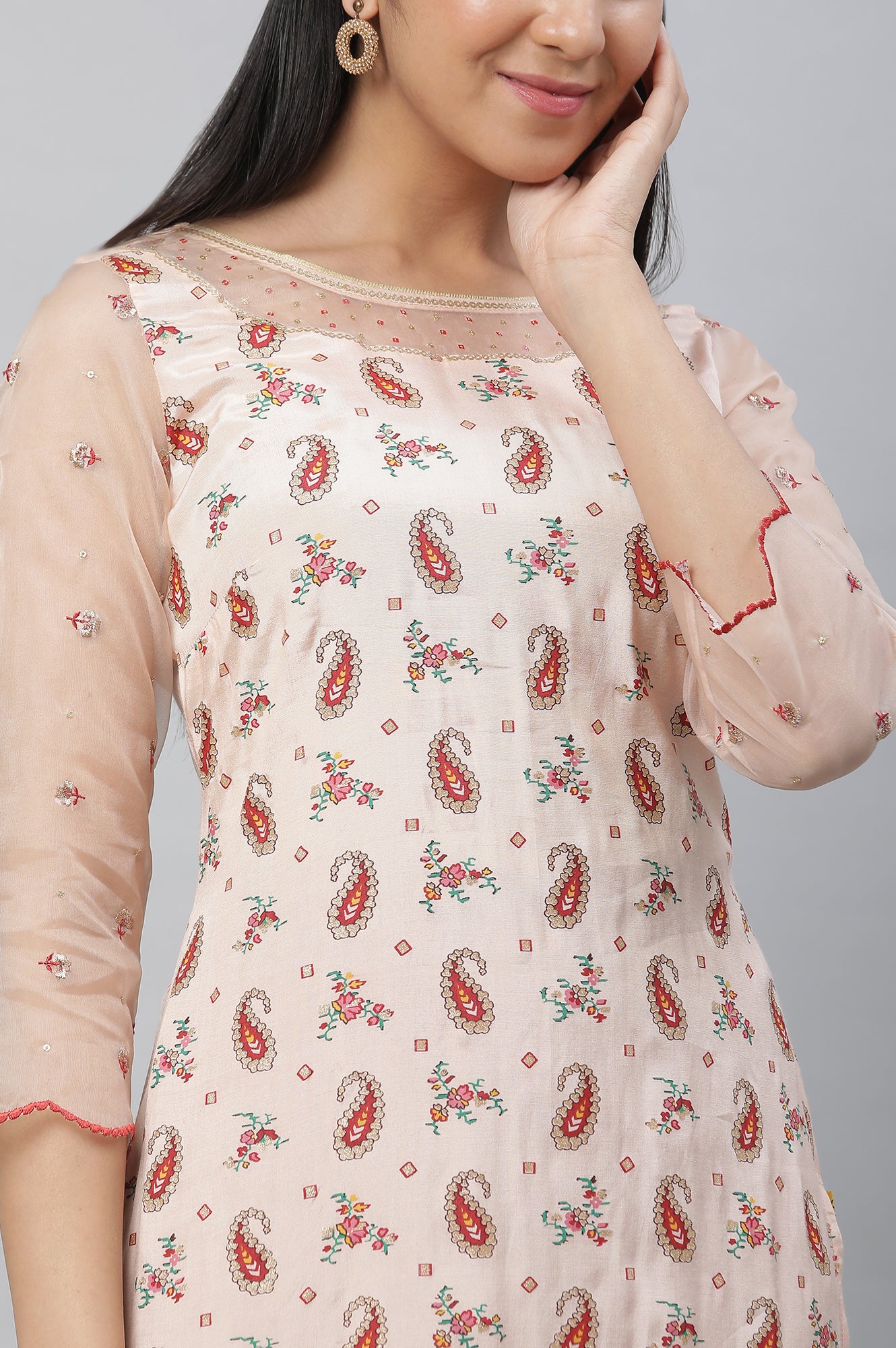 Peach Printed Festive Kurta