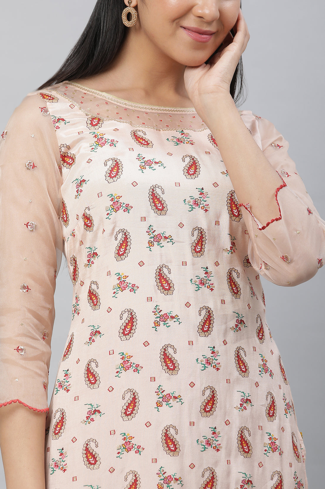 Peach Paisley Print Sequined Straight Organza Kurta