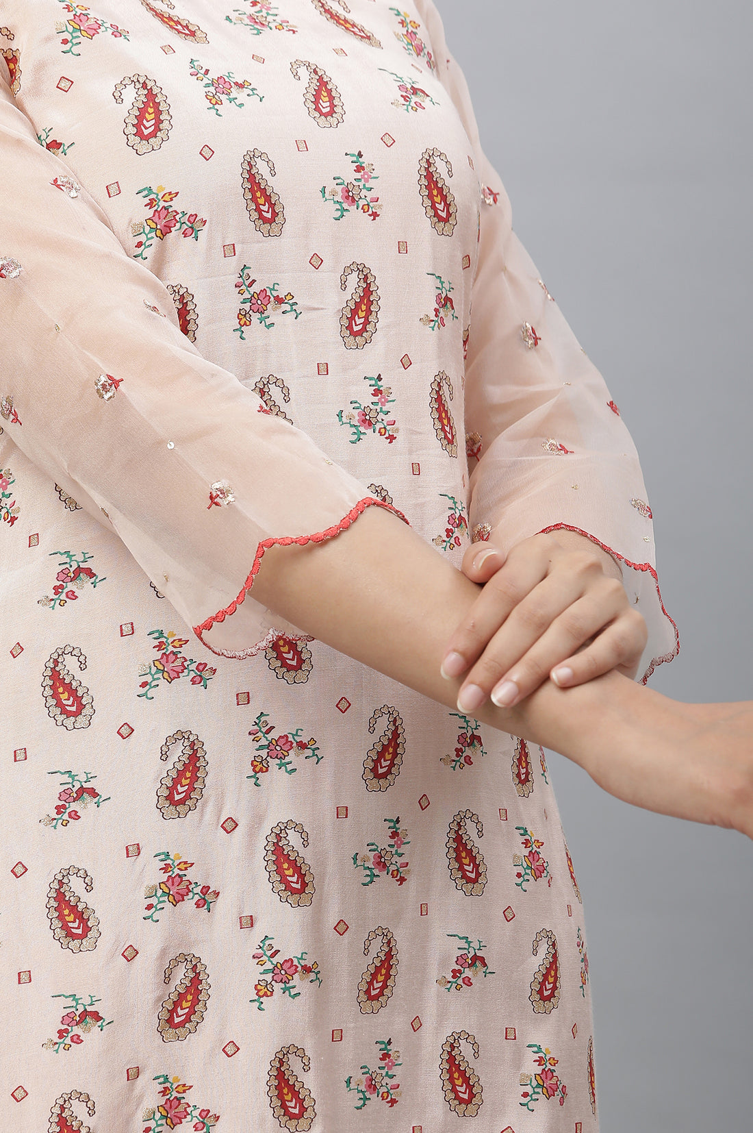 Peach Paisley Print Sequined Straight Organza Kurta