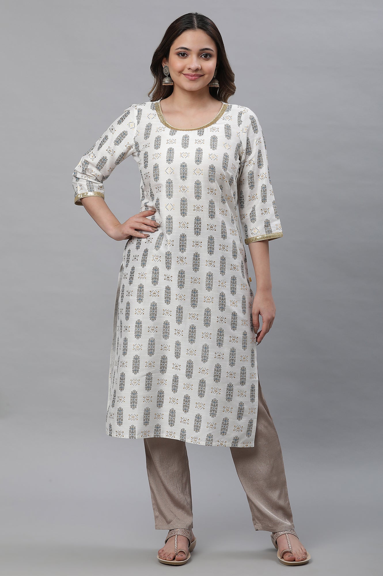 White Geometric Printed Kurta with Sequin Detailing