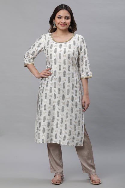 White Geometric Printed Kurta with Sequin Detailing