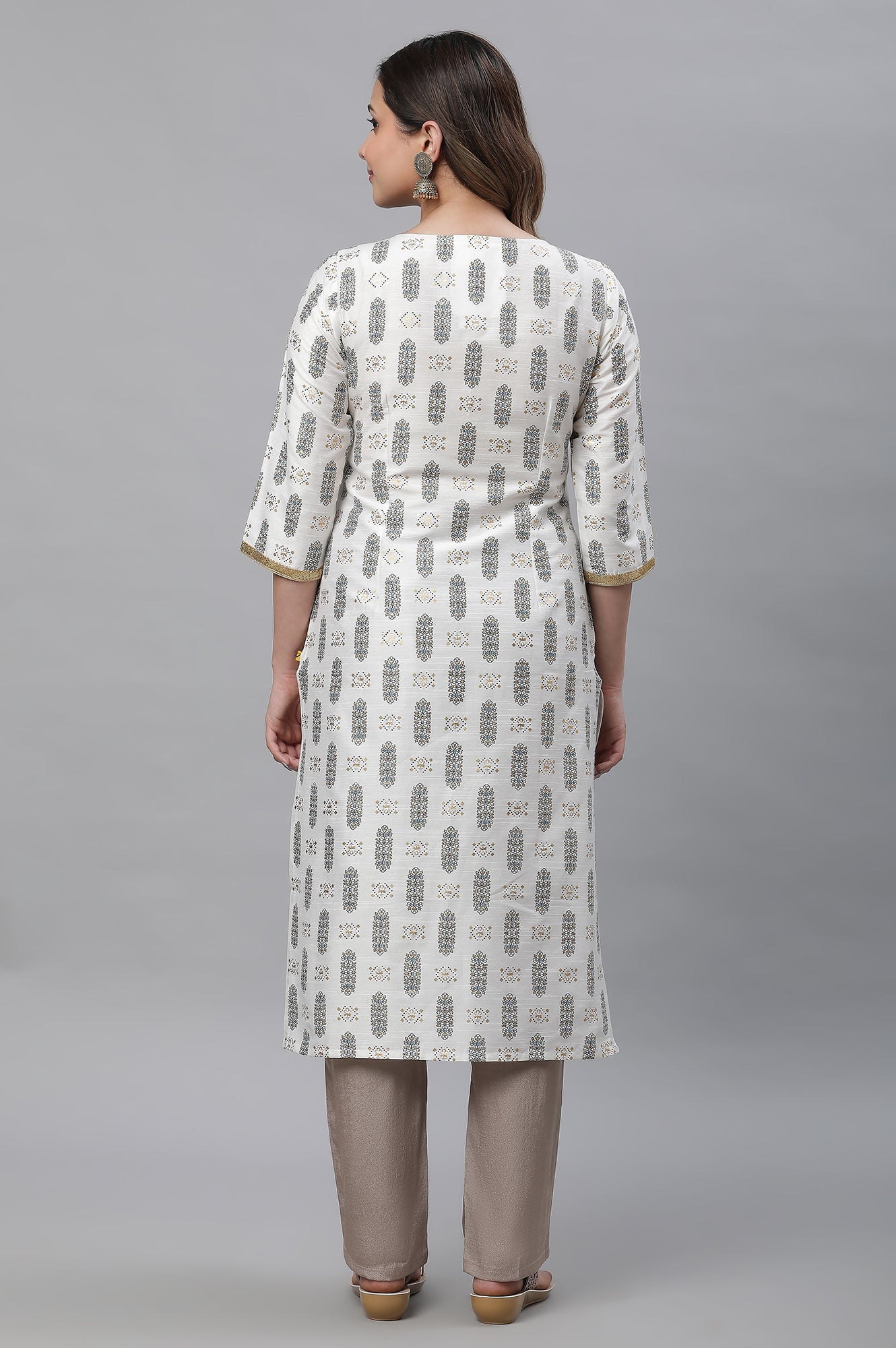 White Geometric Printed Kurta with Sequin Detailing