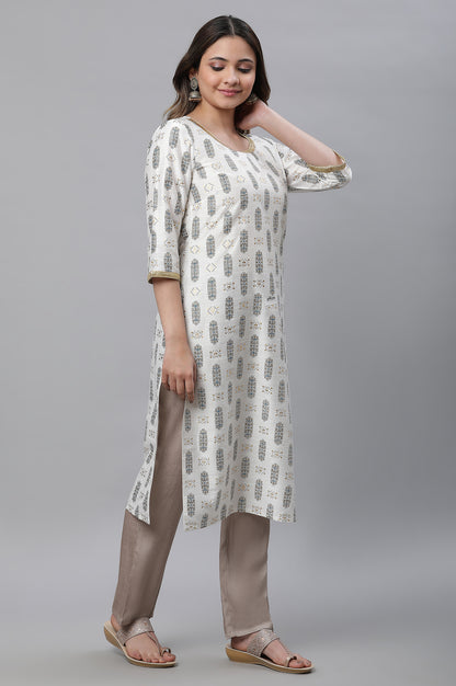 White Geometric Printed Kurta with Sequin Detailing