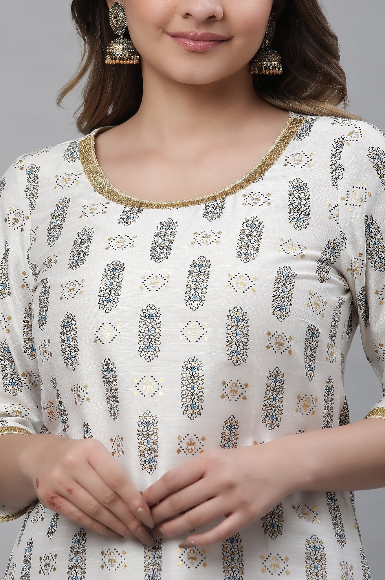 White Geometric Printed Kurta with Sequin Detailing