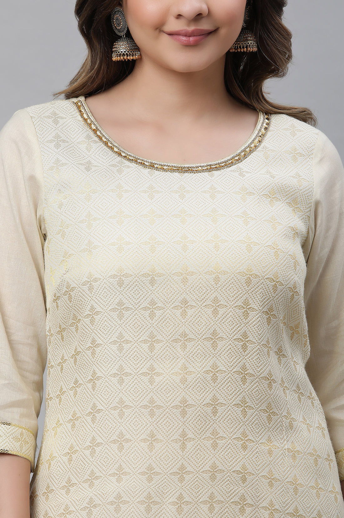 Off White Beads Cotton Blend Straight Kurta and Trouser Set