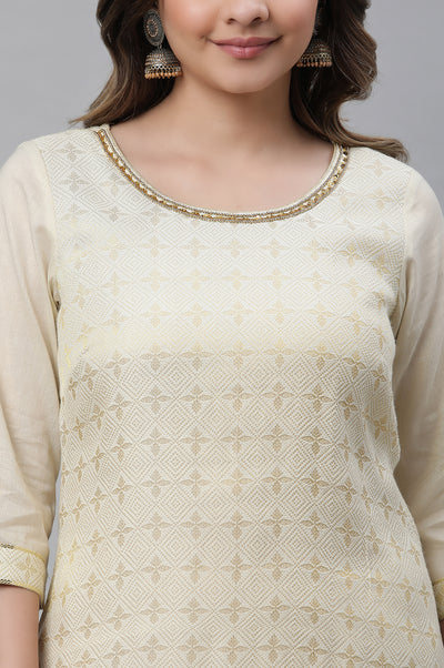 Off White Beads Cotton Blend Straight Kurta and Trouser Set