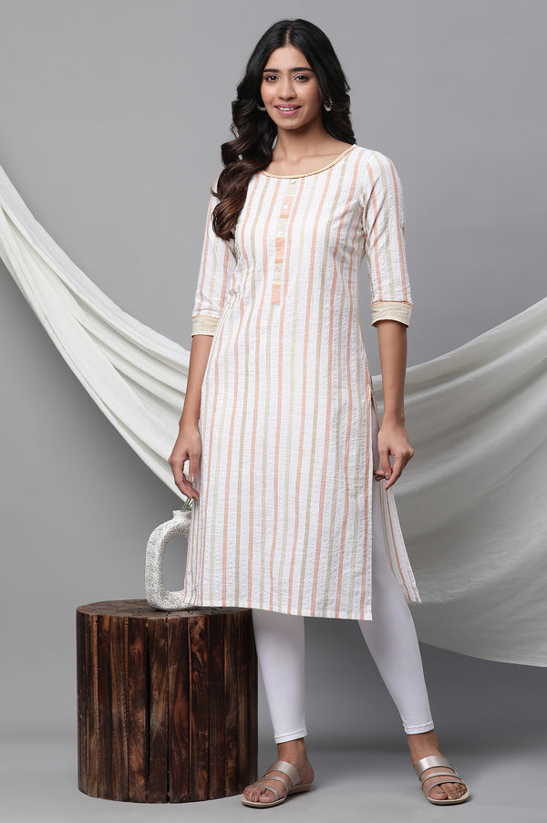 White Stripe Printed Cotton Straight Casual Kurta
