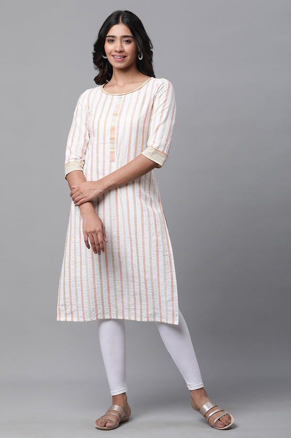 White Stripe Printed Cotton Straight Casual Kurta