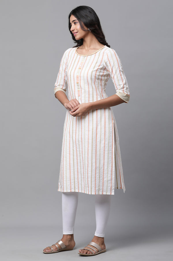 White Stripe Printed Cotton Straight Casual Kurta