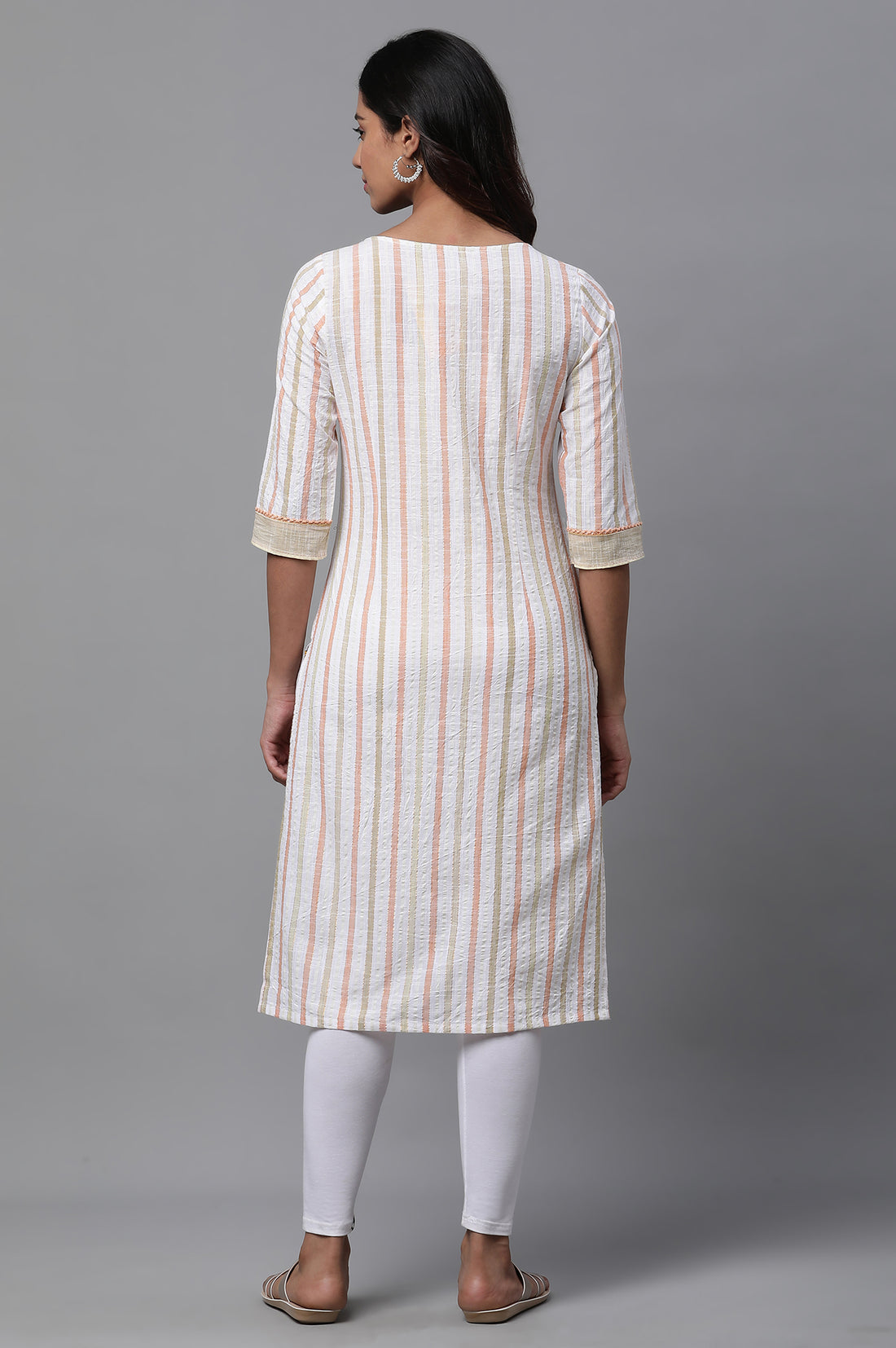 White Stripe Printed Cotton Straight Casual Kurta