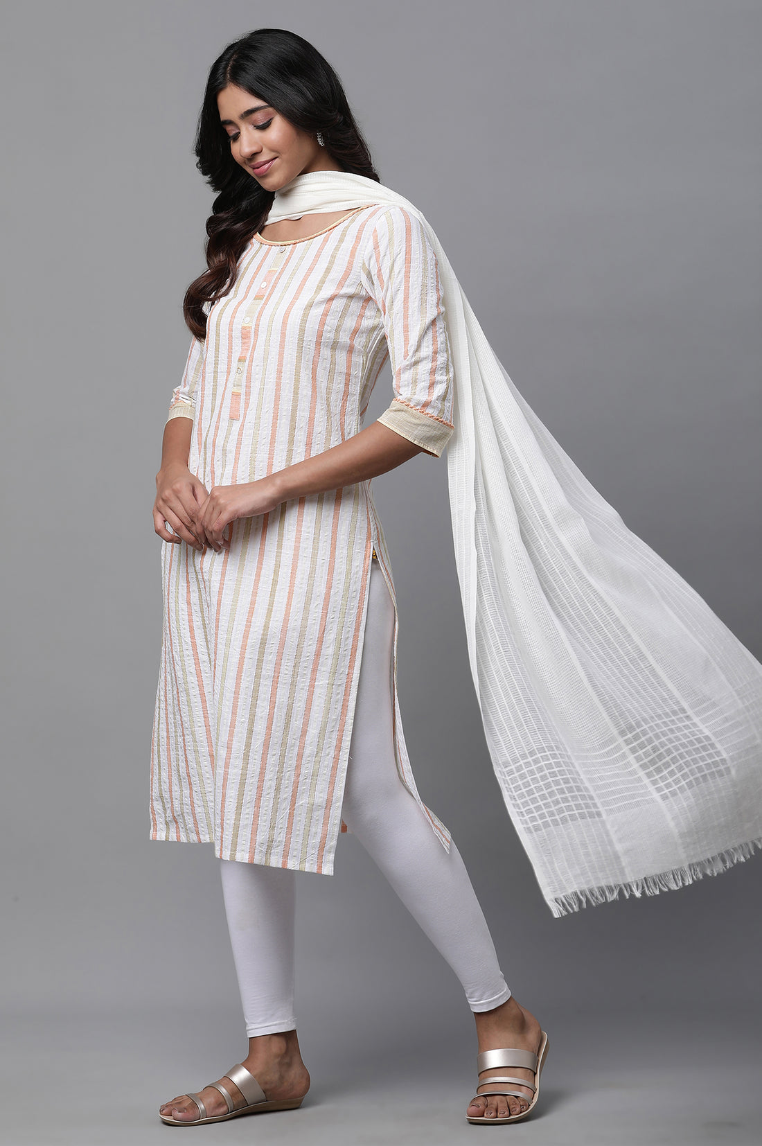 White Stripe Printed Cotton Straight Casual Kurta
