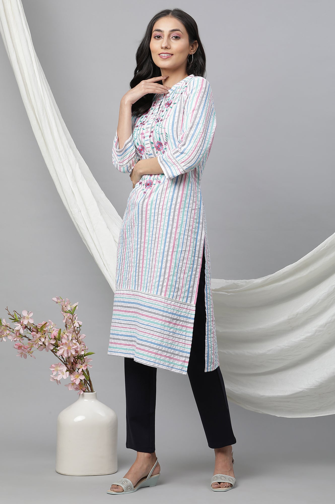 Multi-coloured Stripe Printed Seer Sucker Embroidered Kurta