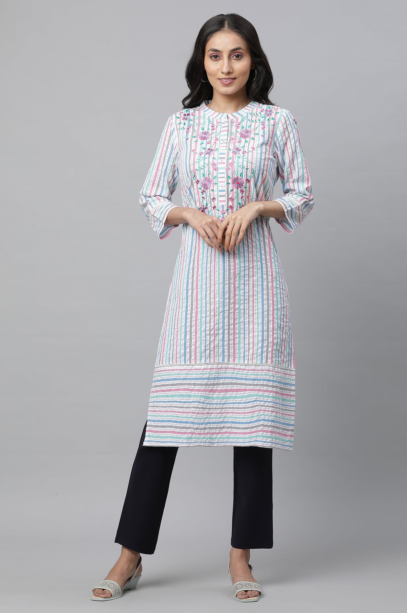 Multi-coloured Stripe Printed Seer Sucker Embroidered Kurta