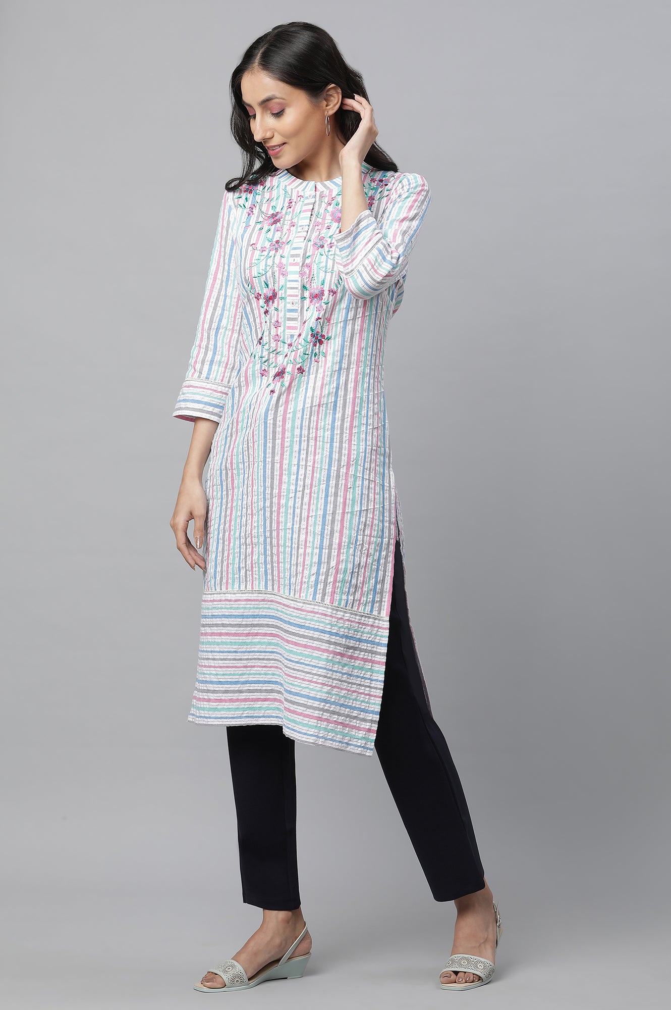 Multi-coloured Stripe Printed Seer Sucker Embroidered Kurta