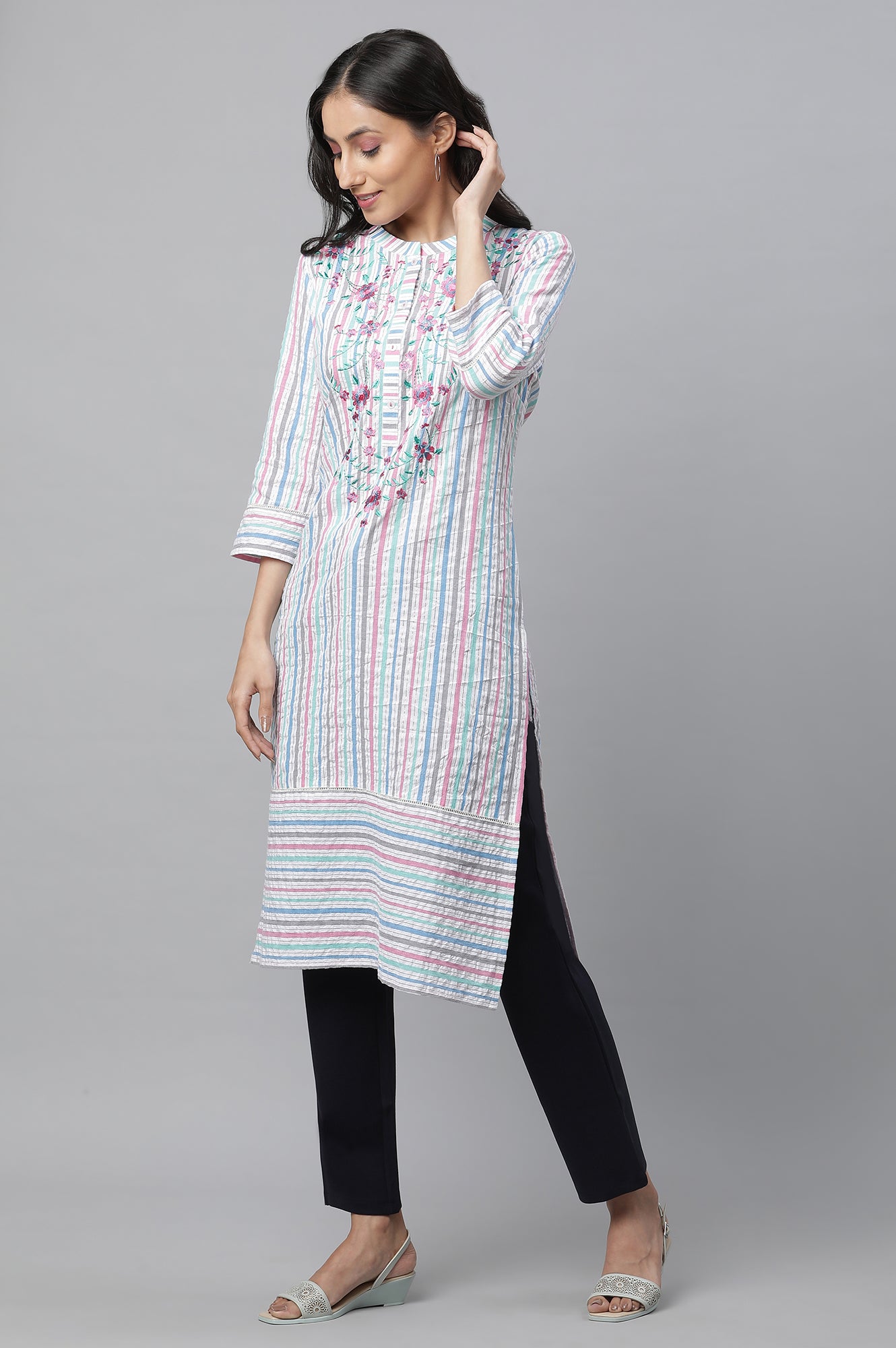 Multi-coloured Stripe Printed Seer Sucker Embroidered Kurta